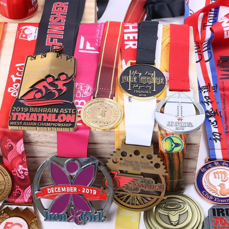 Custom polyester medal ribbon lanyards with printed event logos and sponsor branding