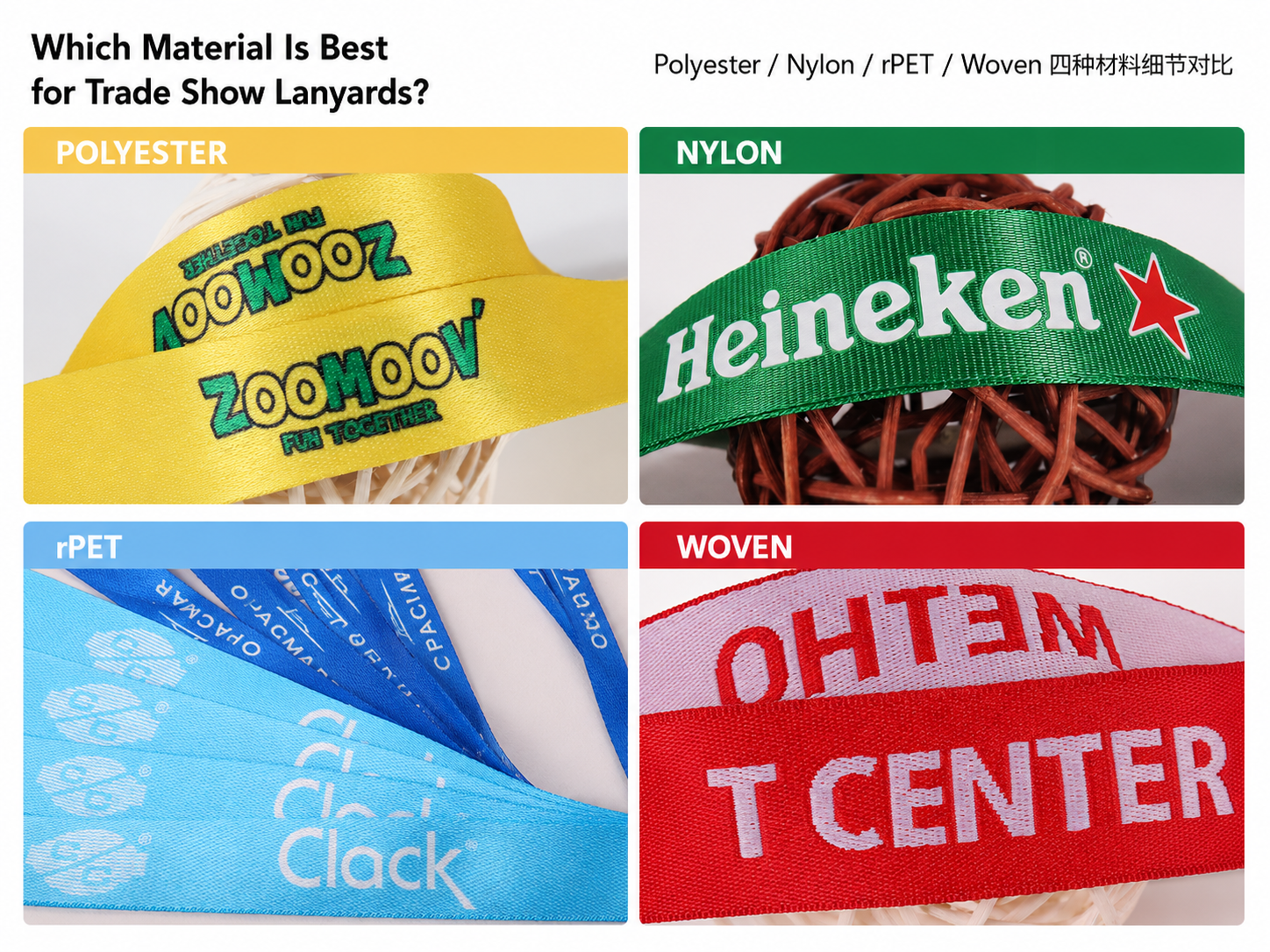 Polyester nylon rPET and woven trade show lanyard material comparison