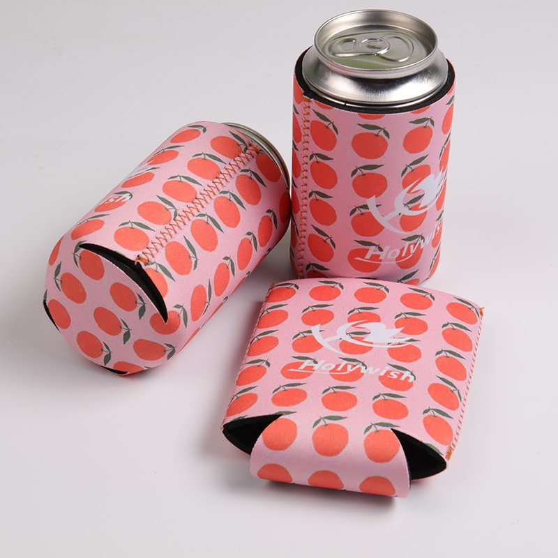 Custom fold flat neoprene koozie with vivid heat transfer artwork, durable stitched can cooler sleeve