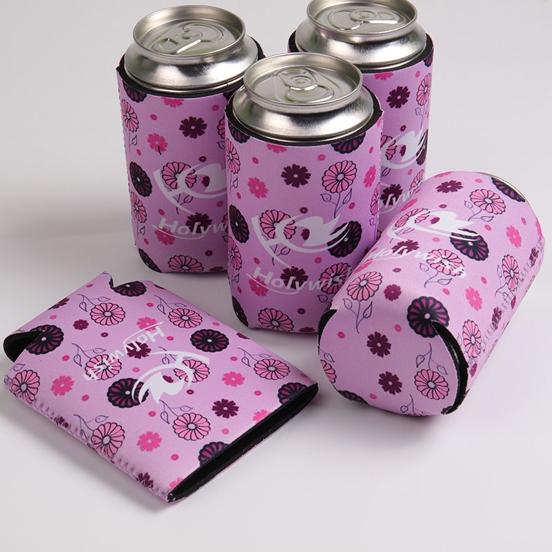 Collapsible neoprene drink sleeve packs flat, heat transfer printed logo, reusable promotional can cooler