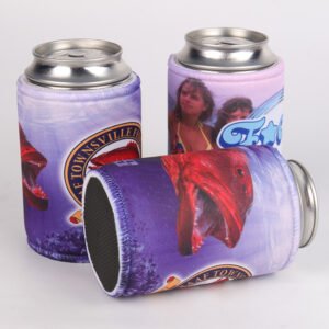 Neoprene cup sleeve can koozie with anti-slip base, durable stitched edges and vibrant custom logo design