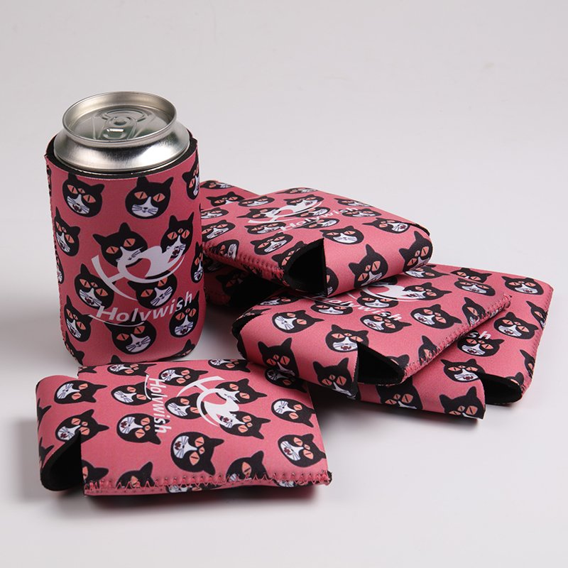 Reusable neoprene can cooler that folds for travel, heat transfer printed logo and pattern for branding