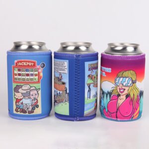 Full color printed neoprene can cooler, non-slip textured bottom for stable grip on tables