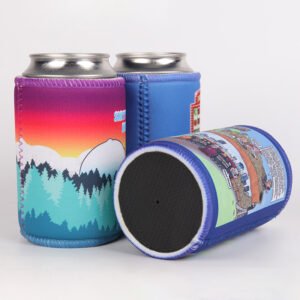 Neoprene cup sleeve can koozie with anti-slip base, durable stitched edges and vibrant custom logo design