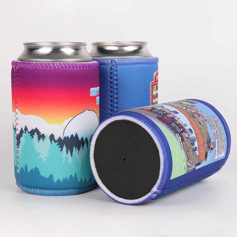 Neoprene cup sleeve can koozie with anti-slip base, durable stitched edges and vibrant custom logo design