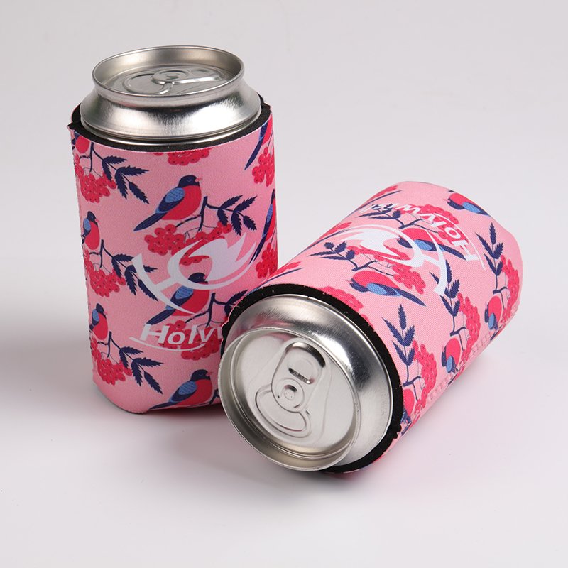 Reusable neoprene can cooler that folds for travel, heat transfer printed logo and pattern for branding