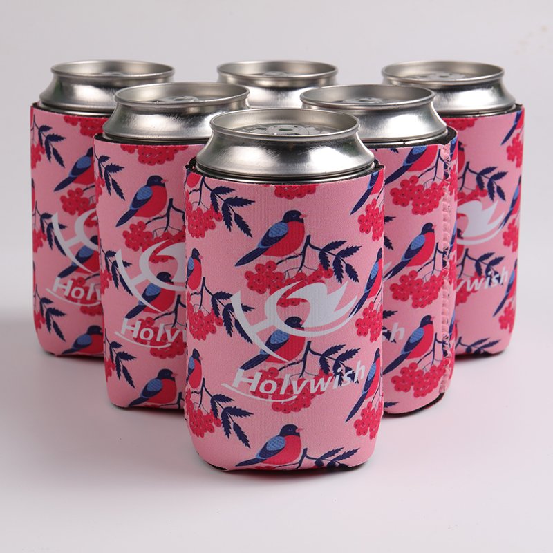 Foldable neoprene can cooler with heat transfer logo printing, collapsible koozie with full-color design