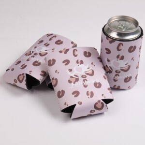 Reusable neoprene can cooler that folds for travel, heat transfer printed logo and pattern for branding