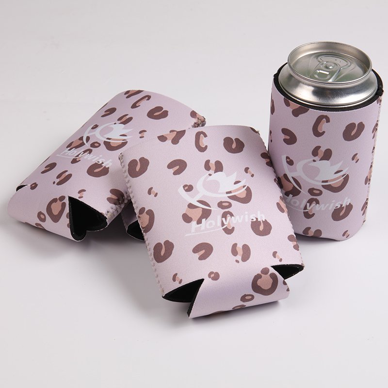 Reusable neoprene can cooler that folds for travel, heat transfer printed logo and pattern for branding