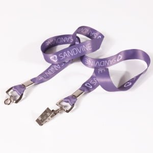 Recycled polyester RPET lanyard with double hooks, heat transfer printed design and durable stitching for conferences