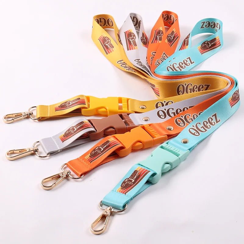 custom color short lanyards with matching metal hooks and printed straps