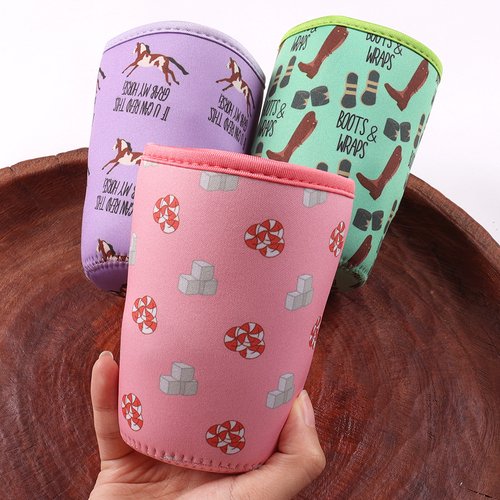 Full color custom neoprene coffee cup sleeves with decorative printed patterns