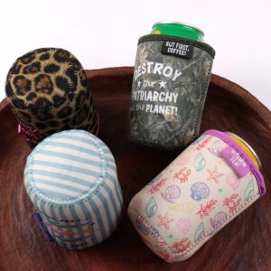 Custom patterned neoprene coffee cup sleeves with assorted printed designs