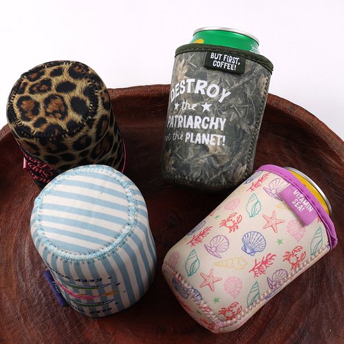 Custom patterned neoprene coffee cup sleeves with assorted printed designs