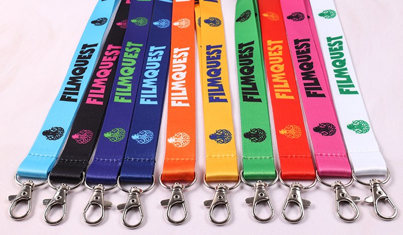 Custom printed polyester lanyards with full-color logos and metal hooks