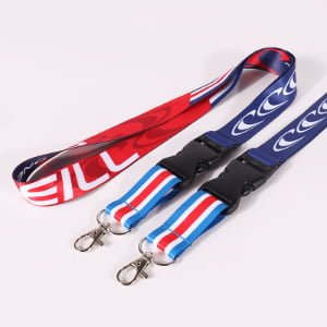 Custom polyester lanyards with plastic quick-release buckle and heat transfer printed logo, metal hook attachment