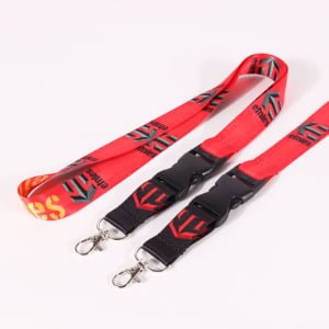 Quick release polyester lanyard with plastic buckle, vibrant printed design and durable webbing for staff credentials