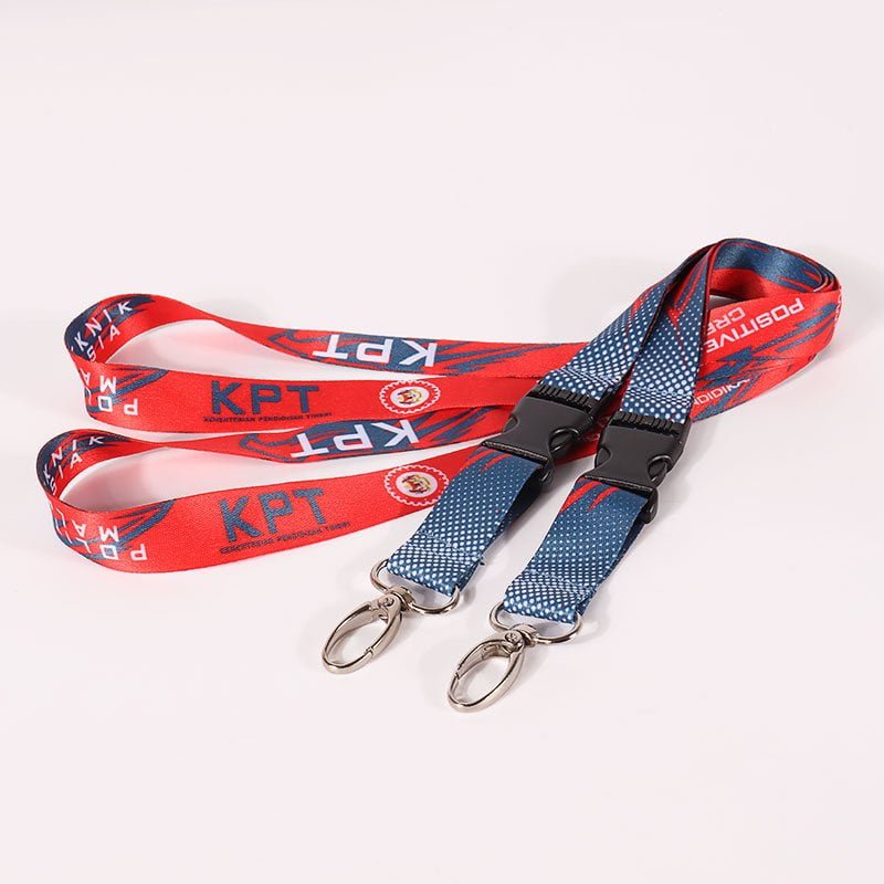 Detachable polyester lanyard with plastic buckle and swivel hook, heat transfer printed design for events and staff IDs