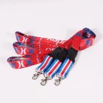 Custom polyester lanyards with plastic quick-release buckle and heat transfer printed logo, metal hook attachment