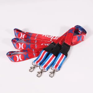 Custom polyester lanyards with plastic quick-release buckle and heat transfer printed logo, metal hook attachment