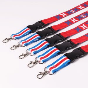 Custom logo lanyard with plastic buckle connector, heat transfer printed polyester strap with swivel hook