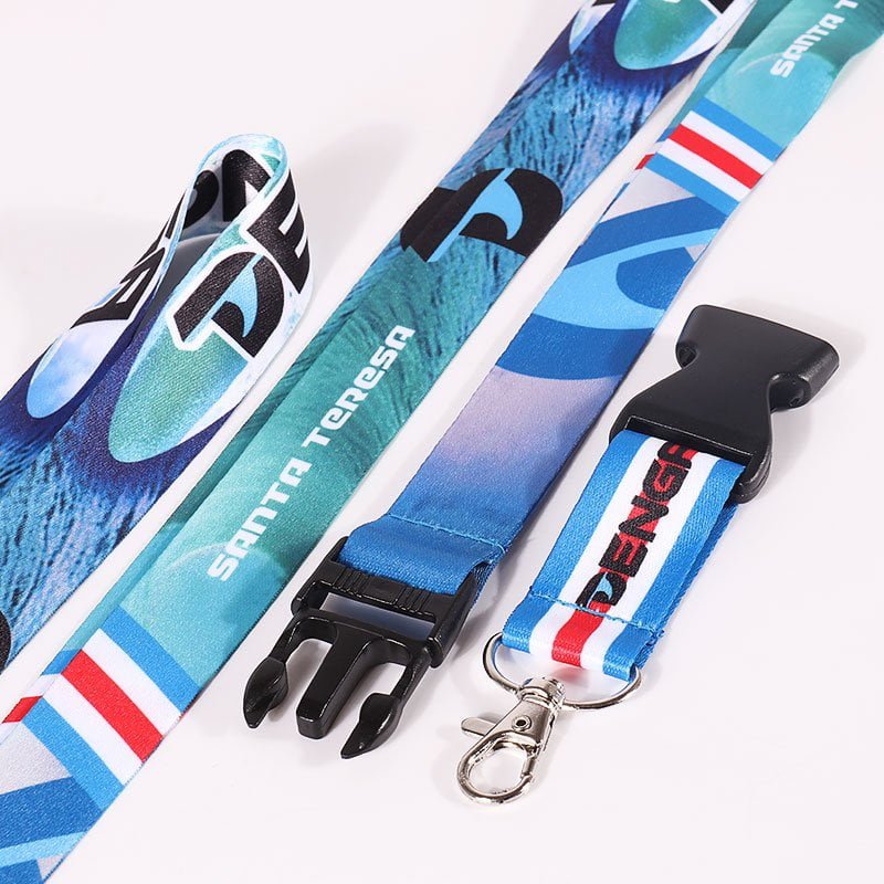 Custom logo lanyard with plastic buckle connector, heat transfer printed polyester strap with swivel hook