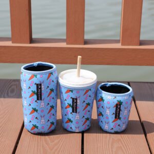 Custom printed neoprene coffee sleeves fitted on takeaway drink cups