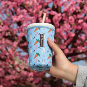 Reusable neoprene coffee cup holder with heat transfer printed branding, comfortable grip for hot and cold beverages