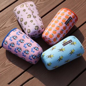 Custom neoprene coffee cup sleeve with heat transfer printed logo, full-color pattern design, reusable drink sleeve