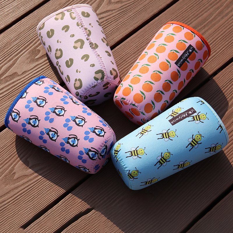 Custom neoprene coffee cup sleeve with heat transfer printed logo, full-color pattern design, reusable drink sleeve