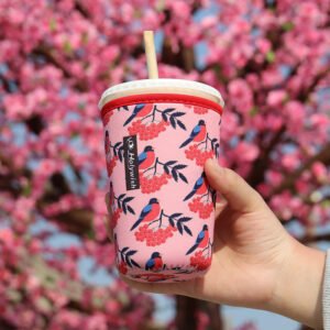 Reusable neoprene coffee cup holder with heat transfer printed branding, comfortable grip for hot and cold beverages