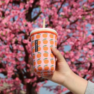 Neoprene drink sleeve with bright heat transfer artwork, ideal for coffee shops, events, and giveaways