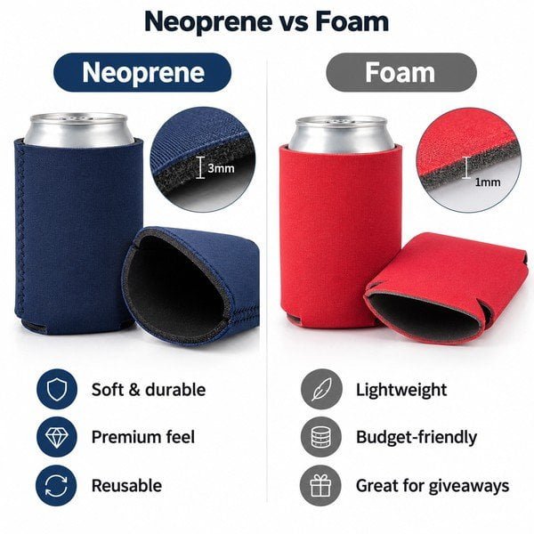 Neoprene vs foam foldable can cooler comparison for custom promotional drink sleeves
