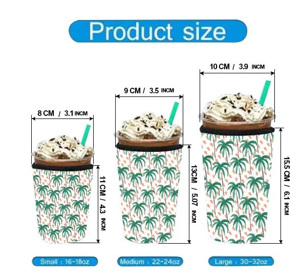 Neoprene coffee sleeve size guide for 16–18oz, 22–24oz and 30oz cups