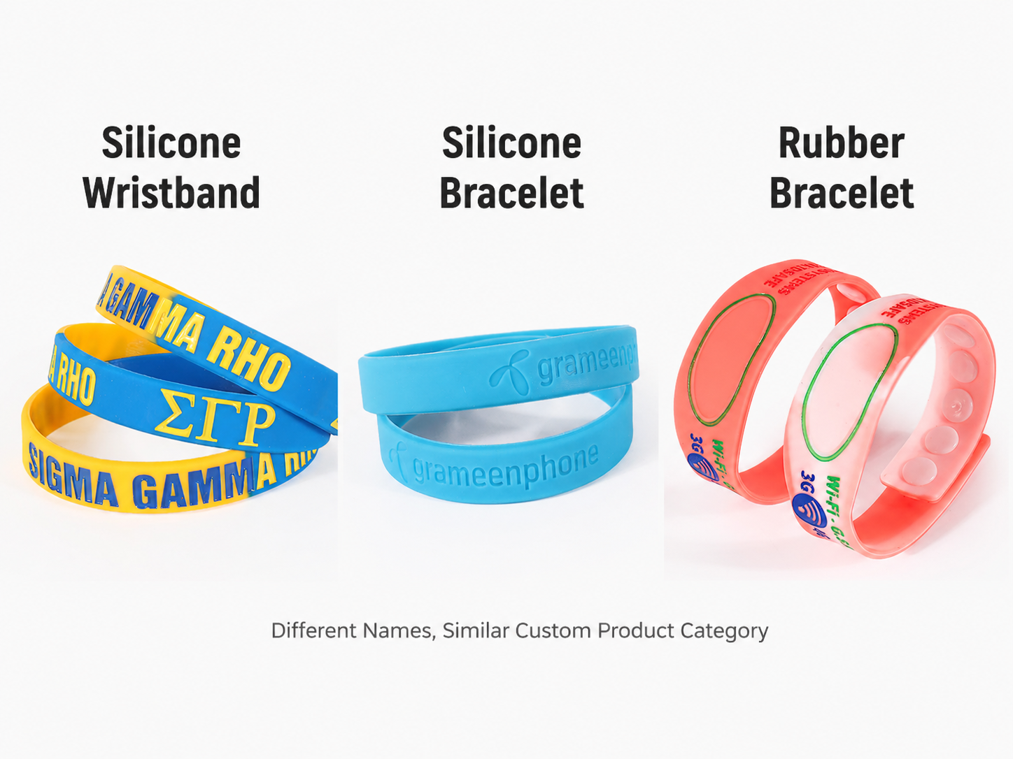 Silicone wristband, silicone bracelet and rubber bracelet product comparison