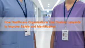 Close-up of custom hospital lanyards and ID badges for clear staff identification in a healthcare setting