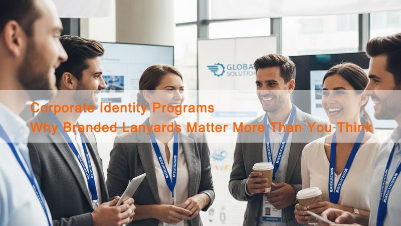 Professionals wearing branded lanyards at a corporate event, showcasing a unified corporate identity.