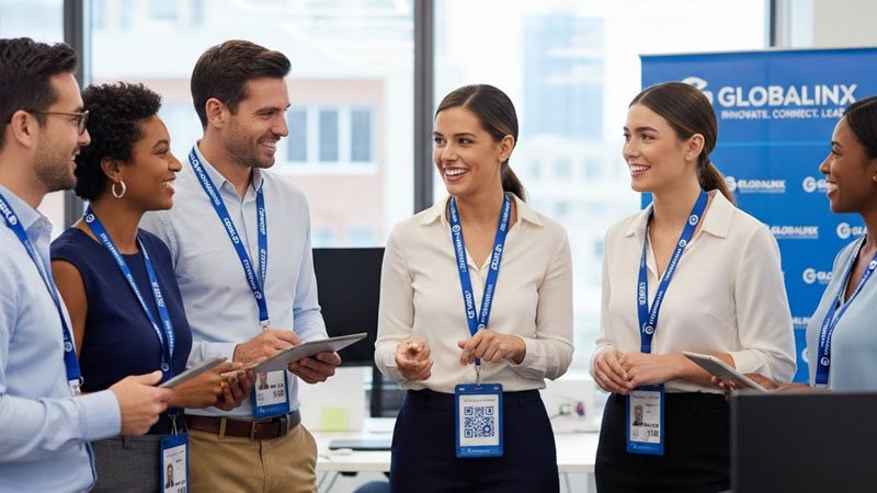 Custom-branded lanyards displaying company logos and colors, worn by employees in a corporate setting, reinforcing corporate branding.