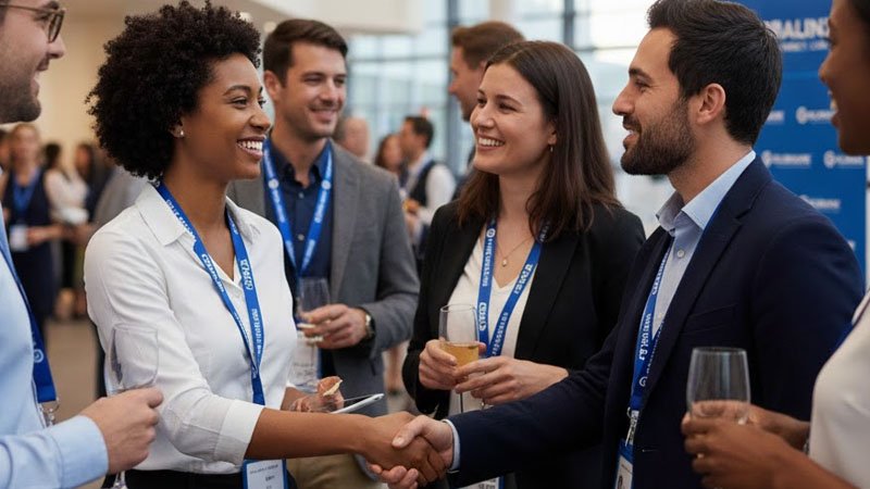 vent attendees wearing branded lanyards, showcasing company branding during networking and interactions.