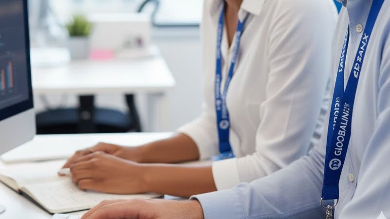Close-up of employees in an office wearing matching branded lanyards, illustrating the psychological effect of consistent branding on team unity and recognition.