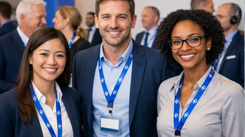 Employees wearing matching branded lanyards, symbolizing team unity and loyalty to the company.