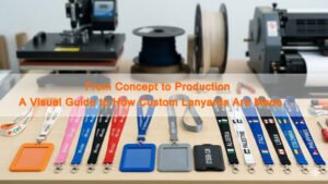 Custom printed lanyards in production workshop with finished products and factory equipment