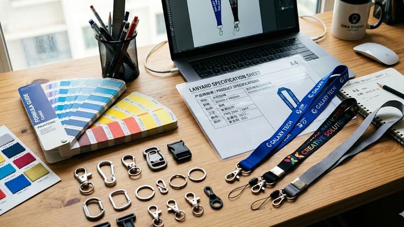 Custom lanyard project planning with specifications, samples, and accessories for production coordination