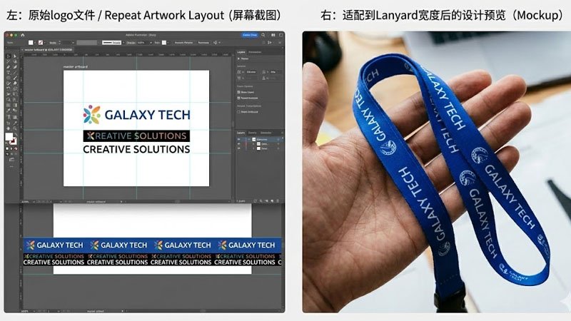 Artwork preparation and layout review for custom lanyard printing with logo spacing and orientation checks
