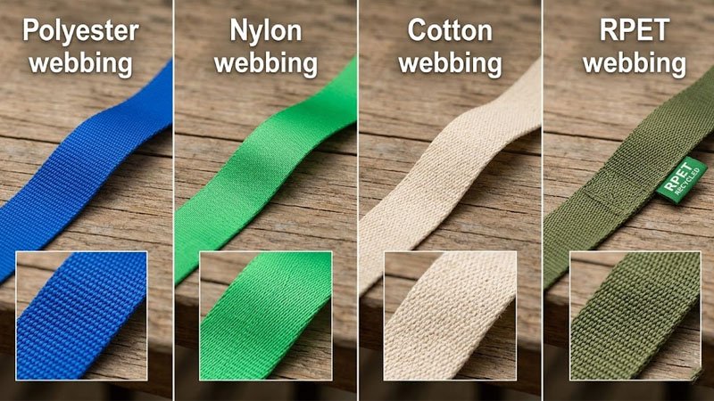 Comparison of custom lanyard materials including polyester, nylon, cotton, and recycled PET webbing