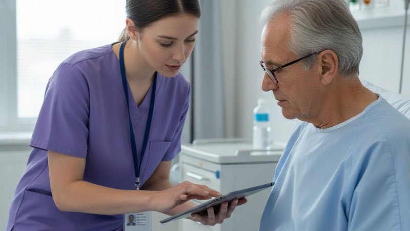 Nurse wearing a visible ID badge and lanyard while speaking with a patient in a hospital room