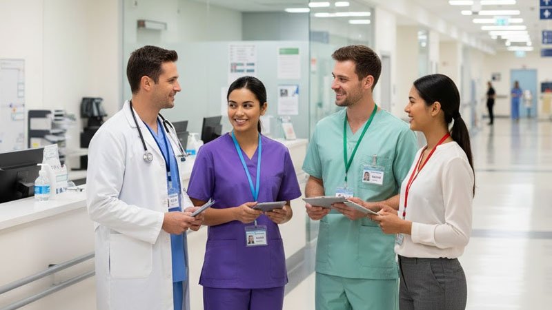 Color-coded healthcare lanyards used by doctors, nurses, and support staff for instant role recognition