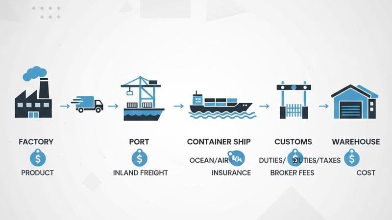 Total landed cost definition diagram for lanyards including product freight insurance duties taxes and broker fees