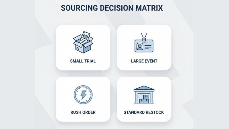 Lanyard sourcing scenarios comparing local printing and overseas manufacturing for trials events rush orders and restocks