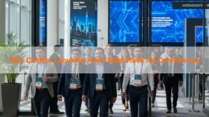 Attendees wearing custom lanyards and badges at a conference registration desk